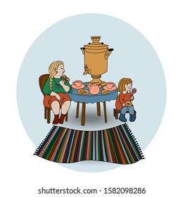 Bright illustration of tea party. Girl and mom are drinking tea at the table. Samovar, cups, teapot and sweets. Bright rug. Elements for greeting cards, posters, stickers and seasonal design.