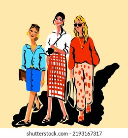 Bright illustration with three walking girls in bright stylish fashionable clothes. Creative print with friends chatting and laughing. Great design to print on T-shirts, hoodies, mugs, cards, etc.