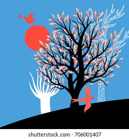Bright illustration with trees and enamored birds