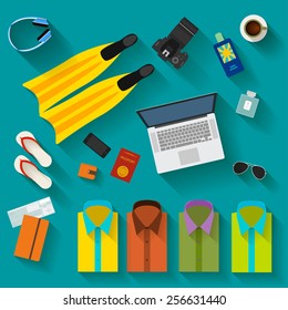 bright illustration in trendy flat style with some objects with long shadows used modern people on rest isolated on blue background for use in design for card, poster, banner, placard or billboard 