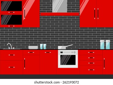 bright illustration in trendy flat style with red kitchen interior on dark cover for use in design