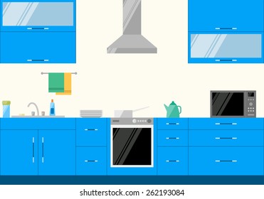 bright illustration in trendy flat style with blue kitchen interior for use in design