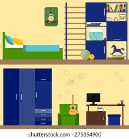bright illustration in trendy flat style with children room interior for use in design for for card, invitation, poster, banner, placard or billboard cover