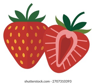 Una ilustración brillante de dos fresas, mostrando una fruta entera y una sección transversal.