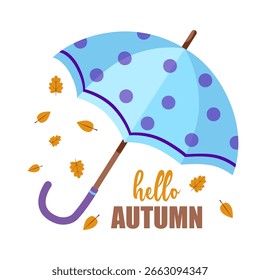 Uma ilustração brilhante de um guarda-chuva com o texto Hello Autumn em um estilo minimalista. Perfeito para um cartão.