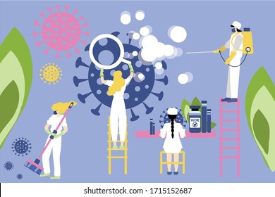 Bright illustration, a vector, a fight between medics and scientists with coronavirus. Collaboration, people study, fight and eliminate the virus. Search for antivirus, researching of disease
