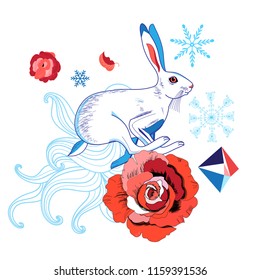 Bright illustration of a white hare on a white background with roses