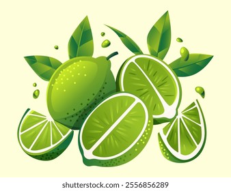 Bright illustration of whole and sliced limes with green leaves, perfect for food, tropical themes, or healthy living designs.