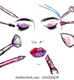 Bright Illustration Of A Woman's Face And Makeup Tools.