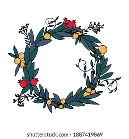 Bright illustration of a wreath of fruits and leaves.