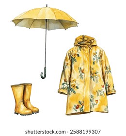 Bright illustration of yellow rain gear including an umbrella, floral raincoat, and rubber boots. Perfect for promoting rainy day fashion or outdoor activities.