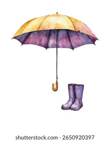 Ilustração brilhante de equipamento de chuva amarelo, incluindo um guarda-chuva, capa de chuva floral e botas de borracha. Perfeito para promover a moda de dia chuvoso ou atividades ao ar livre.