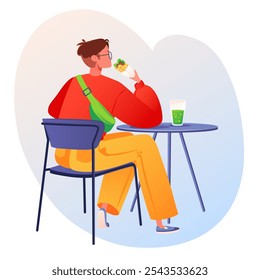 Bright illustration of a young man or teenager sitting at a table in an cafe or food court of a shopping center. Flat cartoon character eating shawarma or kebab. Hand drawn vector composition