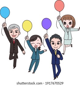 Imagen brillante, trabajador de oficina volando con globos