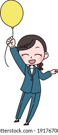 Bright image, office worker flying with balloons