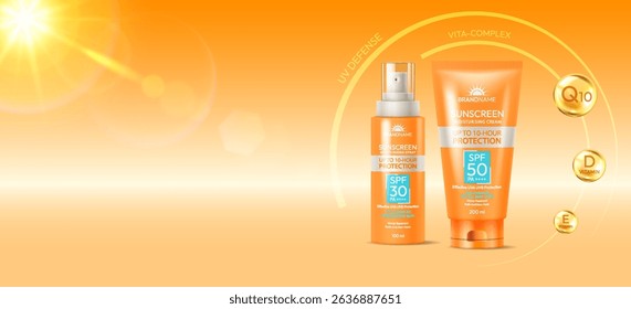 Bright image of sunscreen products featuring SPF protection. Vibrant orange packaging highlights sun defense and includes vitamins for extra care. Ideal for summer use.