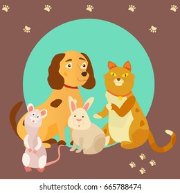 Bright images of domestic animals cat, rat, dog and rabbit. Can be used for pet shops, clinics or pet food advertising.