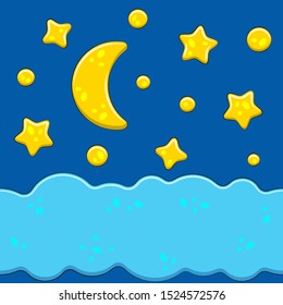 Bright images with the night sky, moon, stars, clouds. Isolated color vector objects.