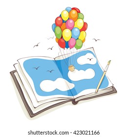 Bright impression/Hot Air Balloon made of colored balloons flying out of the book or album