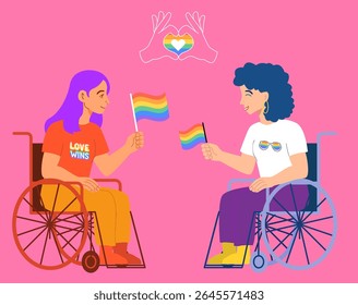 Bright and inclusive vector illustration of two LGBTQ women in wheelchairs proudly holding rainbow flags. Celebrating love, visibility, and disability rights during Pride Month. Perfect for awareness