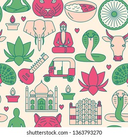 Bright India seamless pattern in colored line style. Repeating background with traditional symbols including Buddha, Taj Mahal, lotus flower, elephant. Vector illustration.