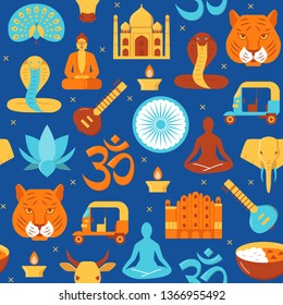 Bright India seamless pattern in flat style. Repeating background with traditional symbols including Buddha, Taj Mahal, lotus flower, elephant. Vector illustration.