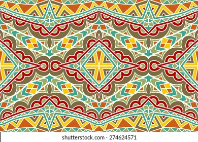Bright Indian seamless ornament. Repeatable tribal geometric pattern. Abstract ethnic symmetric background. Stained glass style. Vector file is EPS8.