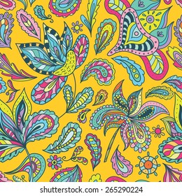 Bright Indian Summer Pattern | Seamless floral and paisley ornamental sketch doodle wallpaper with ethnic motifs on yellow background