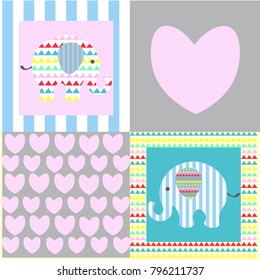 Bright indie background with hearts and elephants. The pattern for Valentine's Day. A festive cheerful and colorful texture.