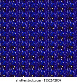 Bright indigo vector seamless pattern. Abstract palm leaves and gold beads. Blue background. Template for textile, wallpaper, print, web, carton, banner, ceramic tile, carpet.