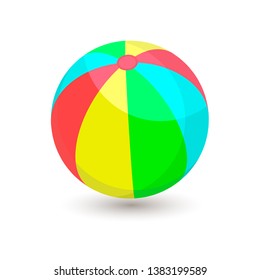Bright inflatable ball. Green, red, yellow and blue striped beach ball isolated on white background.  Sports and outdoors leisure. Vector illustration