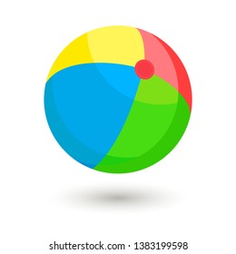 Bright inflatable ball. Green, red, yellow and blue striped beach ball isolated on white background.  Sports and outdoors leisure. Vector illustration