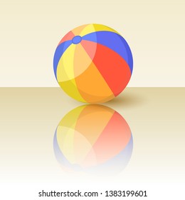 Bright inflatable ball with reflection. Green, red, yellow and blue striped beach ball isolated on white background.  Sports and outdoors leisure. Vector illustration