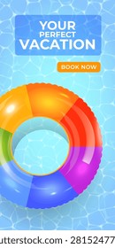 Bright inflatable ring floats in clear blue water. Sunlit pool tiles shimmer beneath gentle ripples. Vibrant colors invite joy and relaxation. Ideal for vacation ads or summer promotions