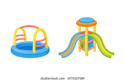 Bright Inflatable Slide and Pond with Smooth Surface on Playground Vector Set