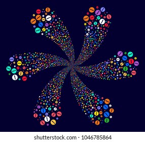 Bright Info explosion composition on a dark background. Hypnotic twirl done from random info items.