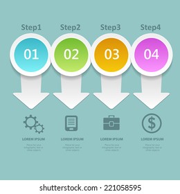 Bright infographic design with numbers of steps, business icons and place for text