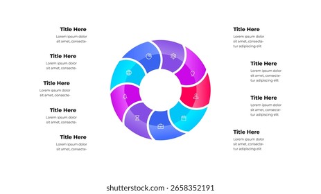 Infografía brillante con un diagrama de flujo circular vibrante con 9 segmentos, iconos y texto adyacente para imágenes de negocios o educativas. Diagrama de ciclo de nueve pasos