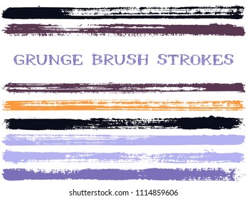 Bright ink brush strokes isolated design elements. Set of paint lines. Creative stripes, textured paintbrush stroke shapes. Collection of ink brushes, stripes isolated on white, vector paint samples.