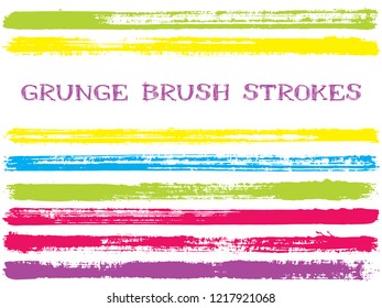 Bright ink brush strokes isolated design elements. Set of paint lines. Abstract stripes, textured paintbrush stroke shapes. Collection of ink brushes, stripes isolated on white, vector paint samples.