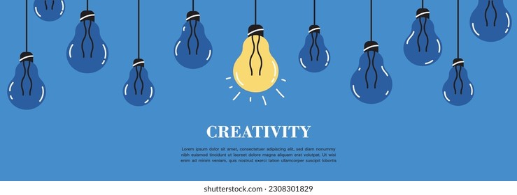 Bright innovative idea concept. Burning light bulb next to extinct ones. Startup or business project, innovation. Art and creativity. INspiration and invention. Cartoon flat vector illustration