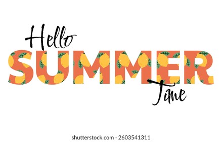 Bright inscription Hello, Summer with a pattern of lemons on a white background 