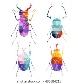 Bright insect icons, vector set. Abstract triangular style