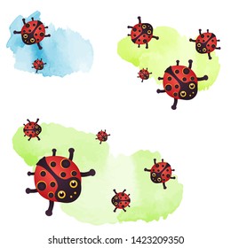bright insect ladybug,on a watercolor background, pattern