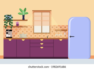 Bright interior of the kitchen with a window. Cozy house.