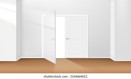 Bright interior with opened door and sunlight effect. Vector 3d illustration