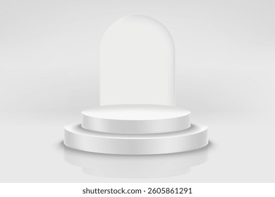 Bright interior with podium and arc. 3d vector illustration with copy space