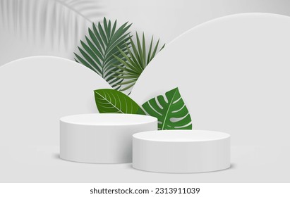 Bright interior with two podiums and green leaves. Eco friendly product showcase template. 3d vector background