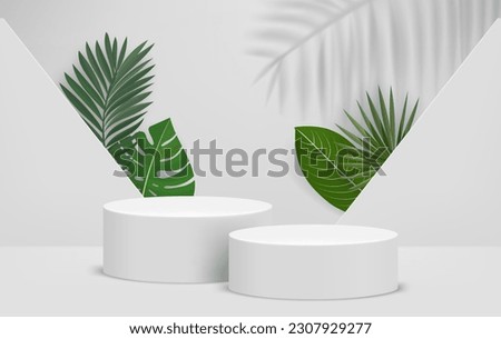 Bright interior with two podiums and green leaves. Eco friendly product showcase template. 3d vector background