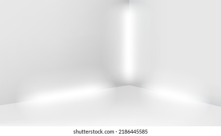 Bright interior with white neon glowing lamps. Vector 3d illustration with copy space